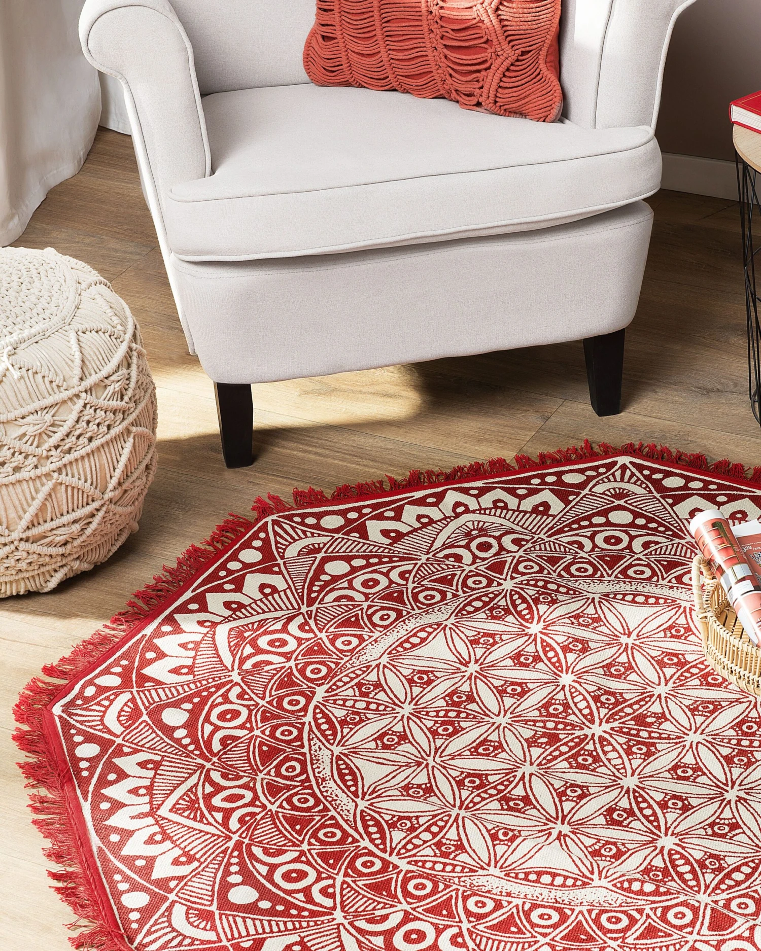 Matto Puuvilla Kermanvalkoinen/punainen ø 120 Cm MEZTILI - Image 2